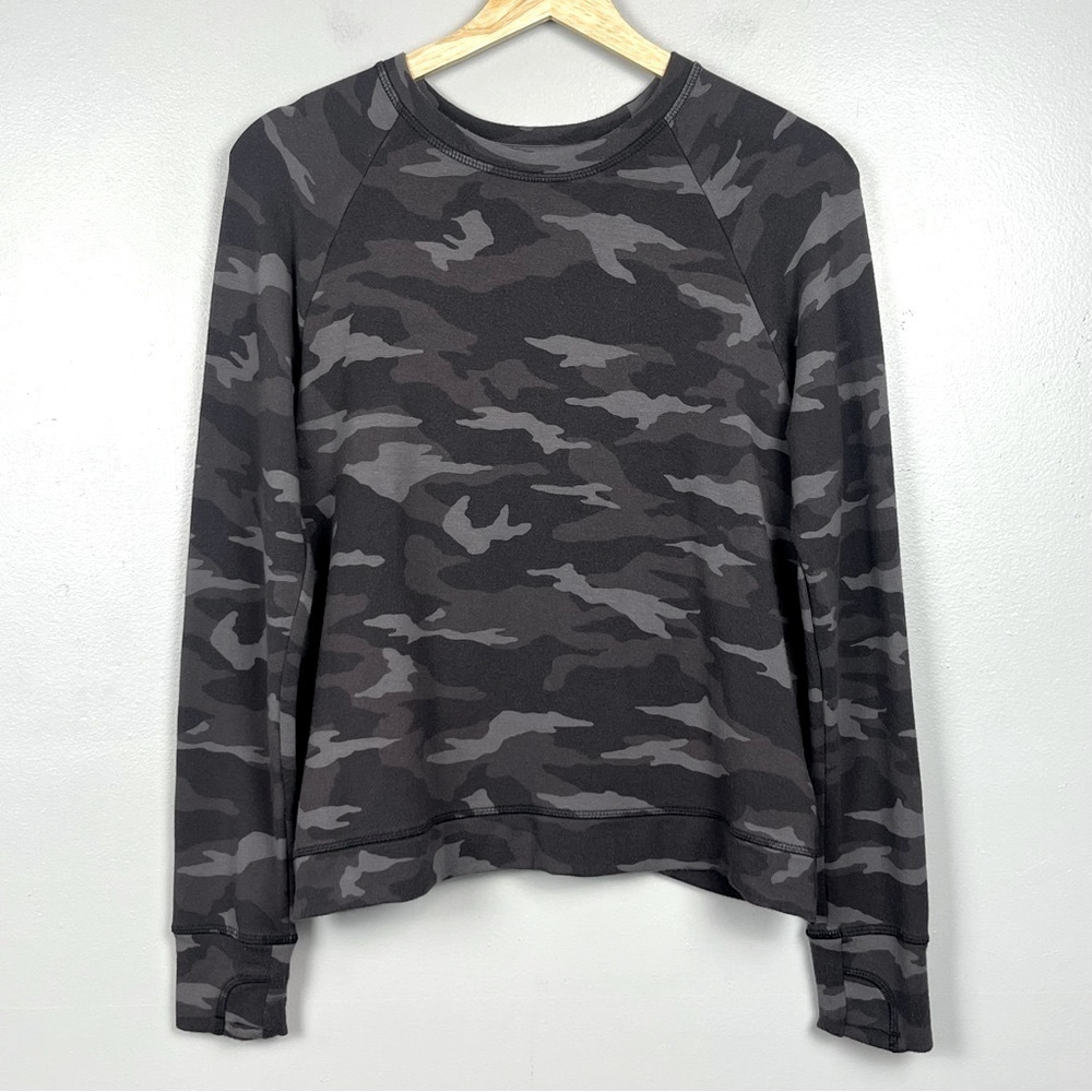 Athleta Girl camo Cozy Cross Your Fingers crewneck tulip back sweatshirt, XL/14.